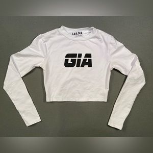 I.Am.Gia crop top, long sleeve, crew neck, white‎ with black logo, size small